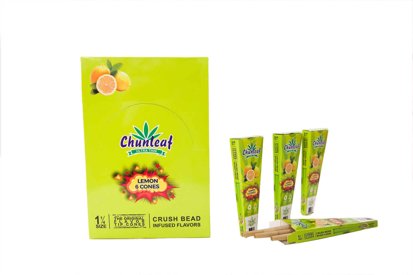 Flavored Pop Cones 1-1/4 Pre-Rolled Cones with Bursting Lemon Flavor Bead (1 Case 30 Packs 180 Cones Pop Cones) - Unrefined Rolling Cones Rolling Paper Wraps Slow Burn (BZS306-LM)